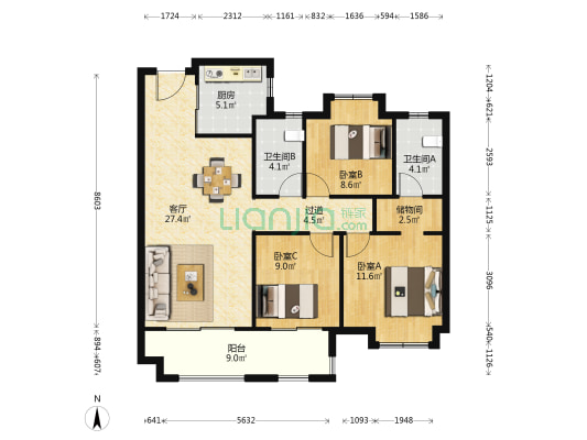 美的君兰半岛A4地块 3室1厅2卫 114平方