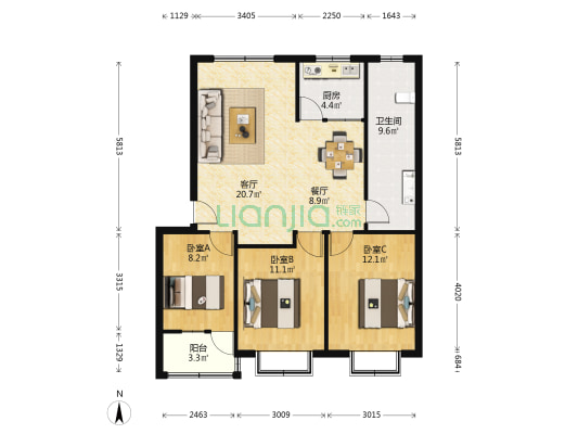 柳泉路33号 3室2厅1卫 100平方
