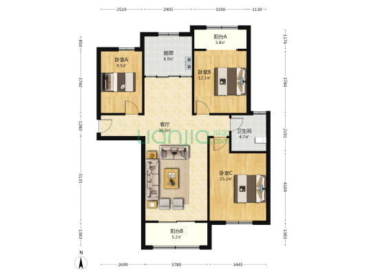 富安平果郡 3室1厅1卫 129平方