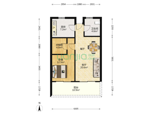 华府海景 1室1厅1卫 78平方