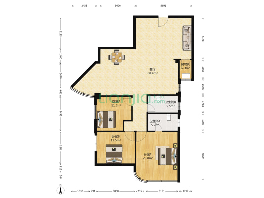 五洲大厦 3室1厅2卫 156平方