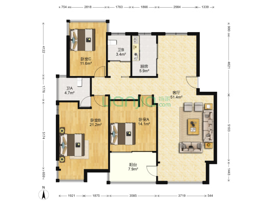 锦绣家园 3室1厅2卫 143平方