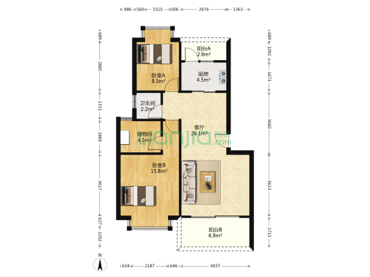 水晶之城三期 2室1厅1卫 76平方