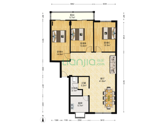 赵家条公寓 3室1厅1卫 129平方