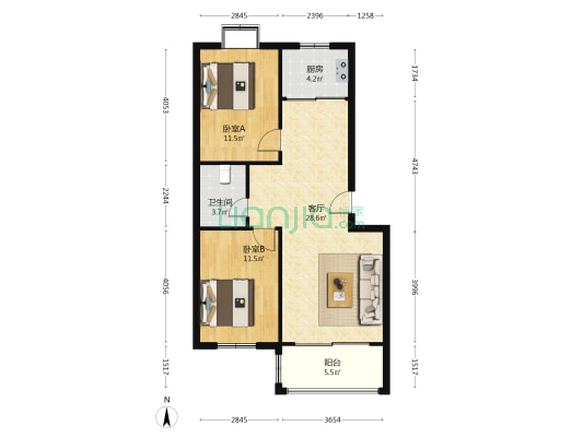 凯顺青青家园 2室1厅1卫 84平方