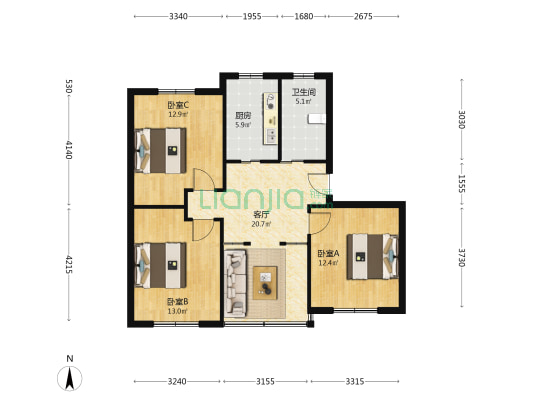 花溪苑 3室1厅1卫 90平方