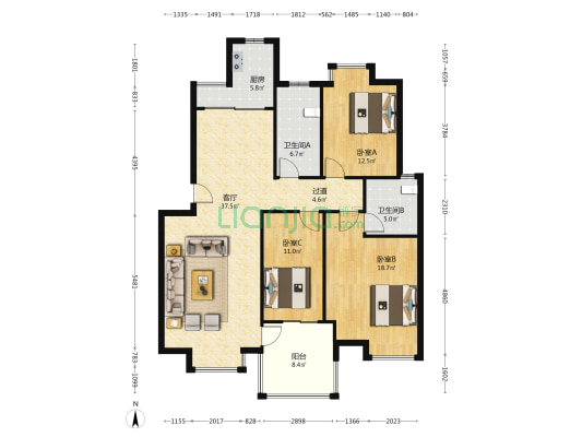 辉煌花园 3室1厅2卫 125平方