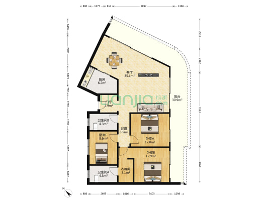 融创观澜湖公园壹号一期 3室1厅2卫 94平方