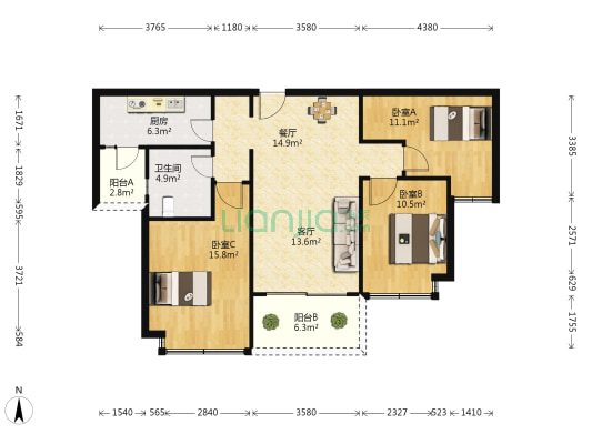 恒大绿洲 3室2厅1卫 104平方