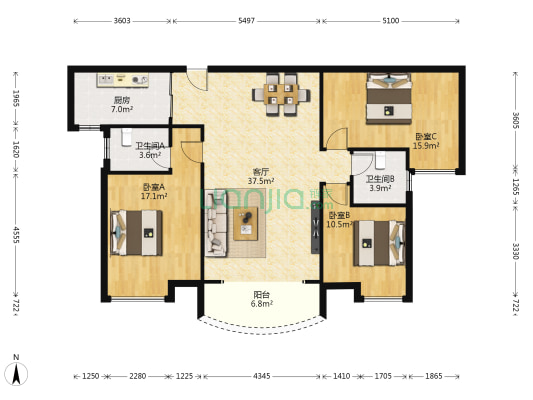 南湖·名門世家 3室1厅2卫 125平方