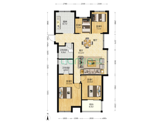 万家花城庆和苑 4室1厅2卫 118平方