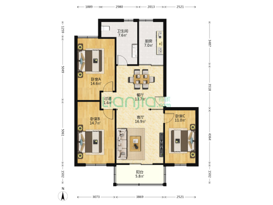 龙泽苑 3室2厅1卫 117平方
