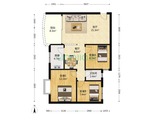 笔架路南3号 3室2厅1卫 83平方