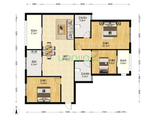 横店新天地御园 3室1厅2卫 136平方