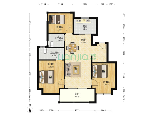 万象天地九悦东区 3室1厅2卫 98平方