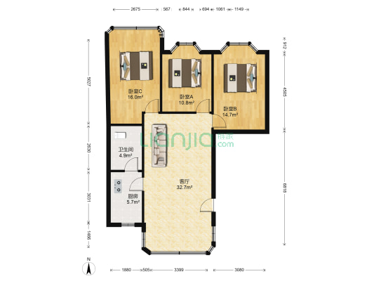 同福路 3室1厅1卫 90平方