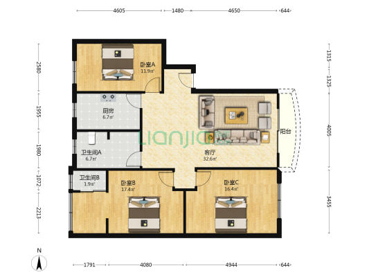 倍特金杏苑A区 3室1厅2卫 115平方