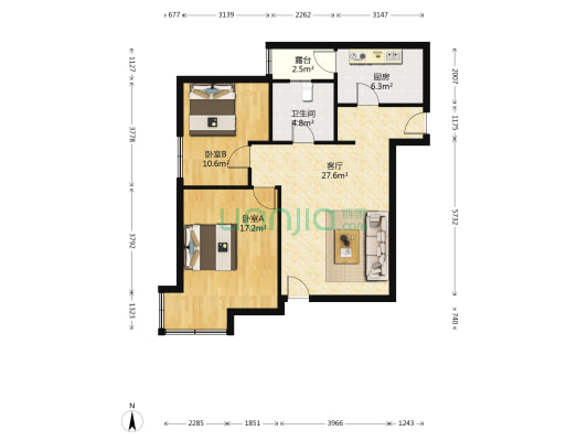 御庭国际公寓 2室1厅1卫 89平方