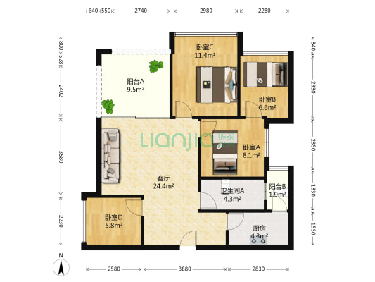 乐基大厦 4室1厅1卫 87平方