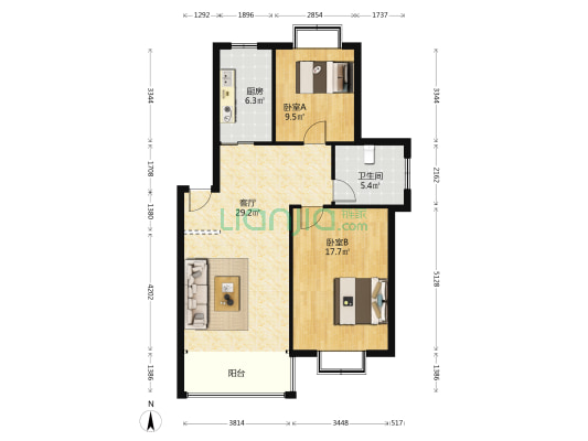 富荣花园 2室1厅1卫 95平方