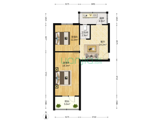 拖拉机厂宿舍 2室1厅1卫 60平方