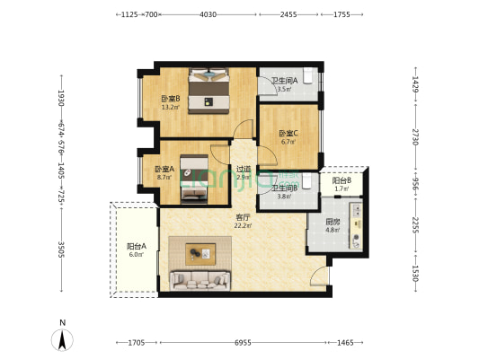 中建凤凰湖畔 3室1厅2卫 97平方