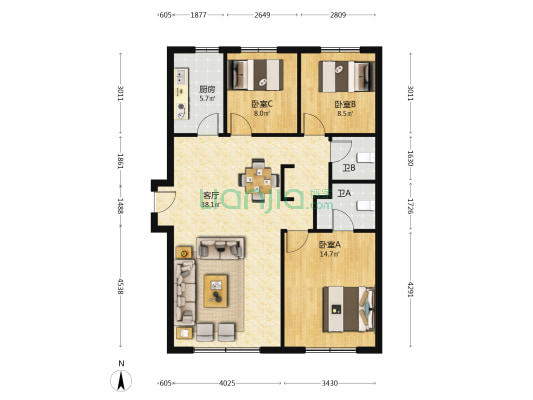嘉惠美院 3室1厅2卫 126平方