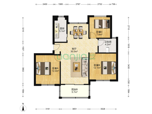 蔚蓝都市花园 3室1厅1卫 88平方