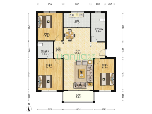 福临家园 3室1厅2卫 123平方