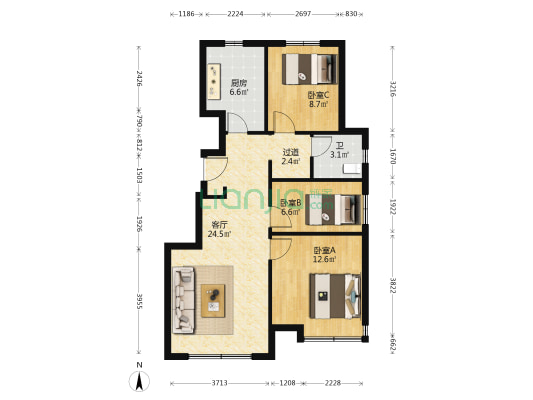 保利·东郡 3室1厅1卫 87平方