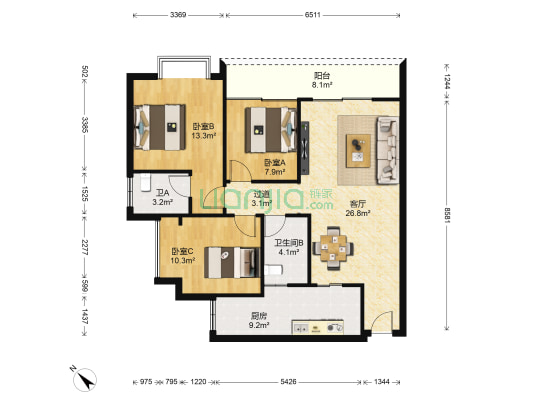 东原香郡西区 3室1厅2卫 104平方