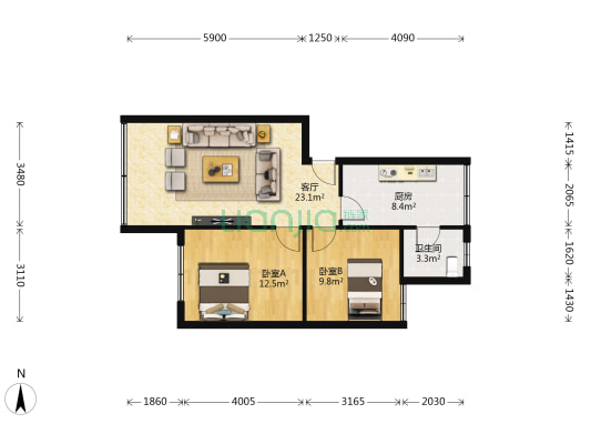 北京路205号院 2室1厅1卫 68平方