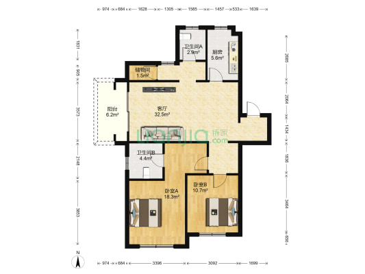 句容台北国际社区 2室1厅2卫 106平方