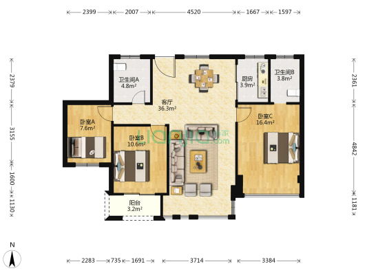 新湖绿都 3室1厅2卫 105平方