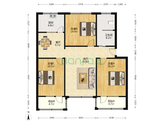 公园首府 3室2厅1卫 127平方