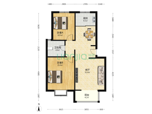 永泰田听枫园 2室1厅1卫 87平方
