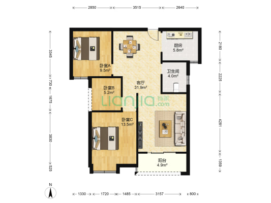 汉北大全景 3室1厅1卫 92平方