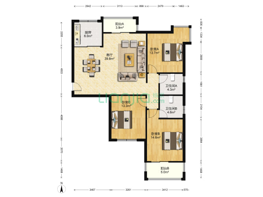 瓜山佳苑 3室1厅2卫 136平方