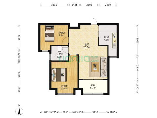 海峡曼乔世家 2室1厅1卫 85平方