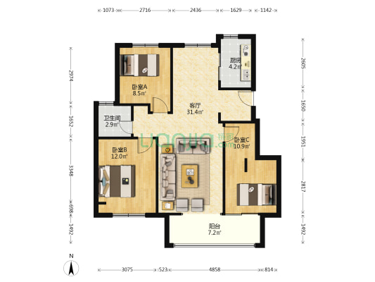苏宁世茂璀璨云著 3室1厅1卫 98平方