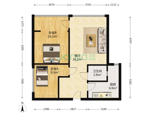 上丁新世纪 2室1厅1卫 75平方