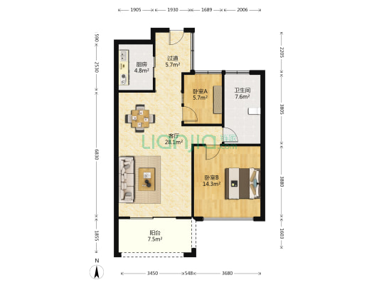 新湖武林国际公寓 2室1厅1卫 89平方
