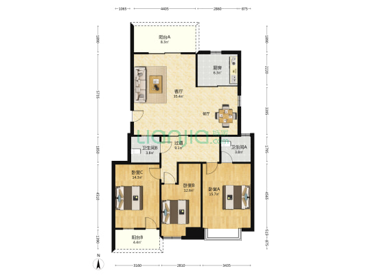日出东方 3室1厅2卫 134平方