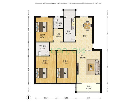 吉庆嘉园 3室1厅2卫 140平方