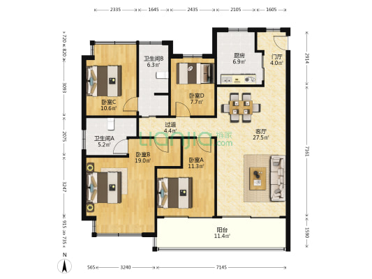 复游城 4室1厅2卫 142平方