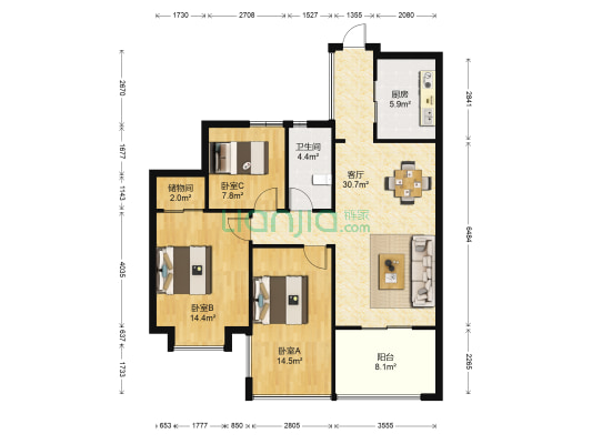 江南华府 3室1厅1卫 89平方