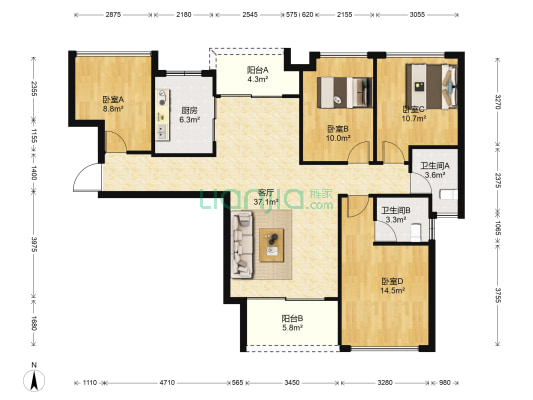 太东明月湾 4室1厅2卫 105平方