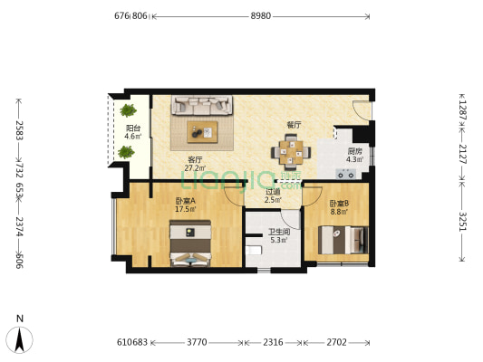 天乙铂金尊汇公寓 2室1厅1卫 92平方