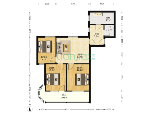 中国人民银行省分行宿舍 3室1厅1卫 88平方