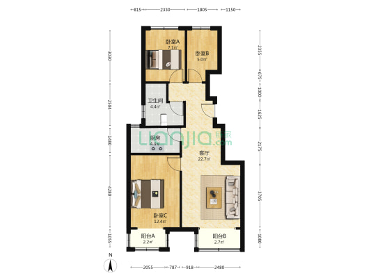 学府澜湾二期 3室1厅1卫 90平方